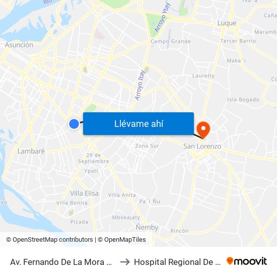 Av. Fernando De La Mora X Av. Argentina to Hospital Regional De San Lorenzo map