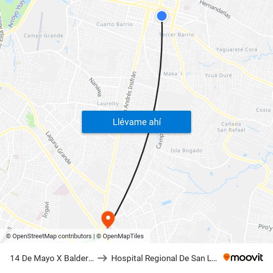 14 De Mayo X Balderrama to Hospital Regional De San Lorenzo map