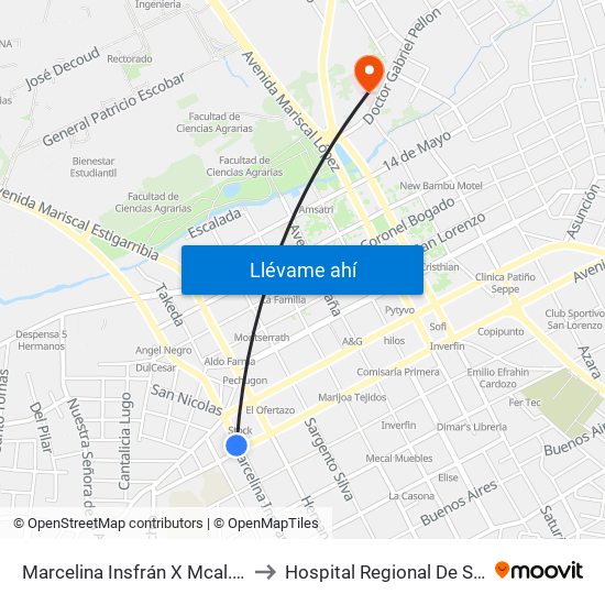 Marcelina Insfrán X Mcal. Estigarribia to Hospital Regional De San Lorenzo map