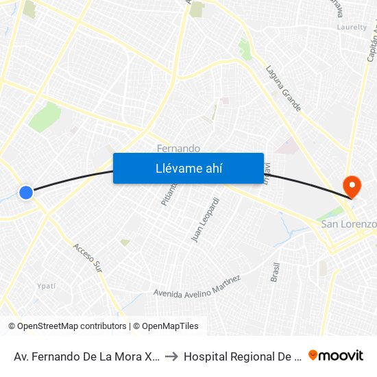 Av. Fernando De La Mora X De La Victoria to Hospital Regional De San Lorenzo map