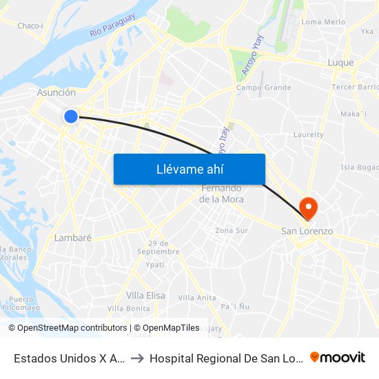 Estados Unidos X Azara to Hospital Regional De San Lorenzo map