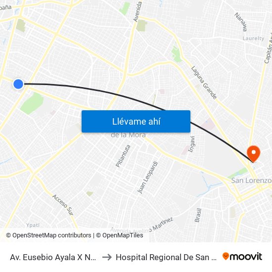 Av. Eusebio Ayala X Nazareth to Hospital Regional De San Lorenzo map