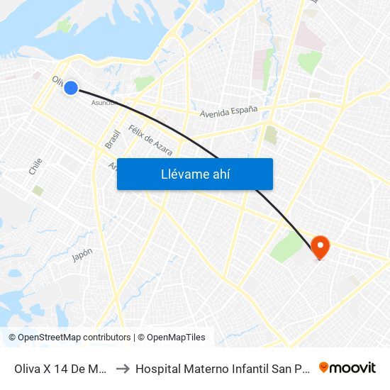 Oliva X 14 De Mayo to Hospital Materno Infantil San Pablo map
