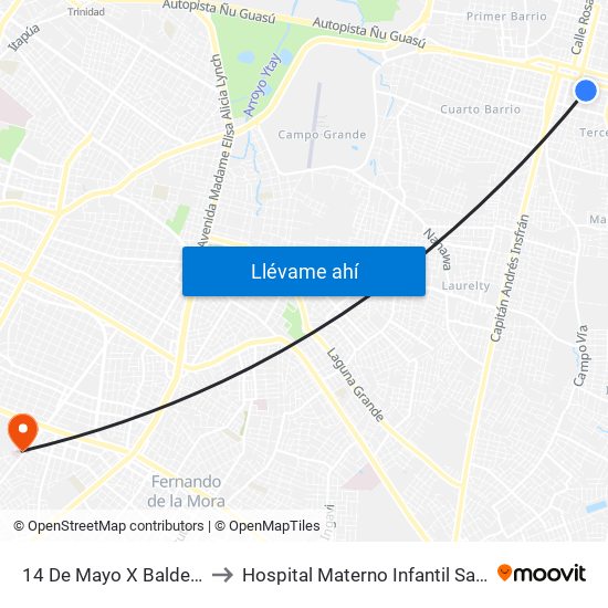 14 De Mayo X Balderrama to Hospital Materno Infantil San Pablo map