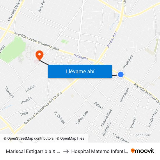 Mariscal Estigarribia X 10 De Julio to Hospital Materno Infantil San Pablo map