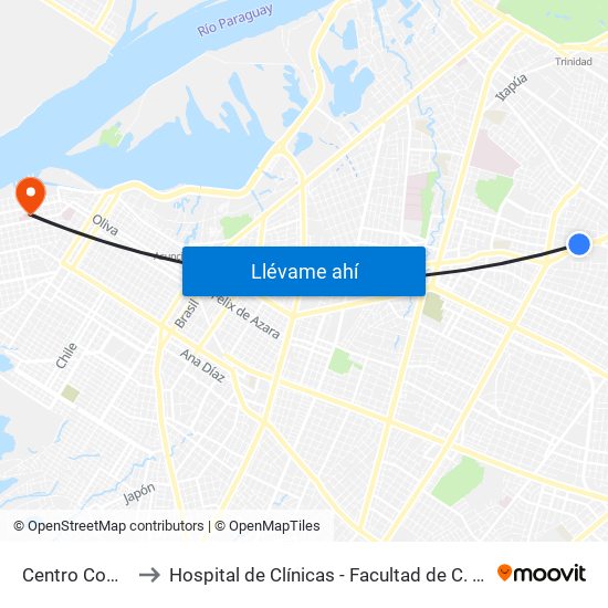 Centro Comercial to Hospital de Clínicas - Facultad de C. Médicas (UNA) map