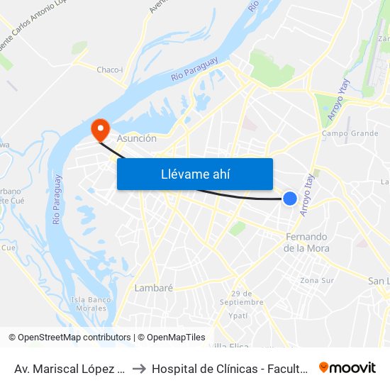 Av. Mariscal López X Capitán Bueno to Hospital de Clínicas - Facultad de C. Médicas (UNA) map