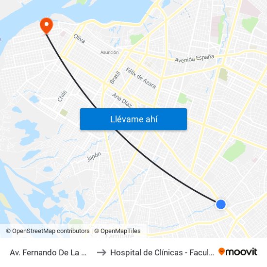 Av. Fernando De La Mora X De La Victoria to Hospital de Clínicas - Facultad de C. Médicas (UNA) map