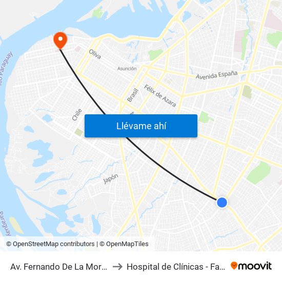 Av. Fernando De La Mora X Av. República Argentina to Hospital de Clínicas - Facultad de C. Médicas (UNA) map