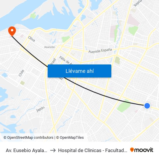 Av. Eusebio Ayala X Félix Lopéz to Hospital de Clínicas - Facultad de C. Médicas (UNA) map