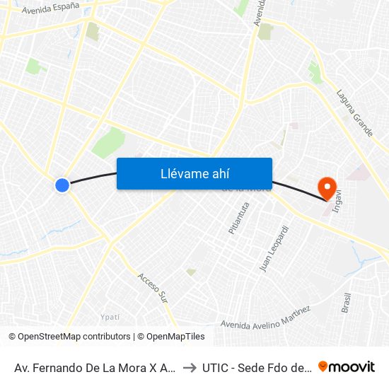 Av. Fernando De La Mora X Av. Argentina to UTIC - Sede Fdo de la Mora map