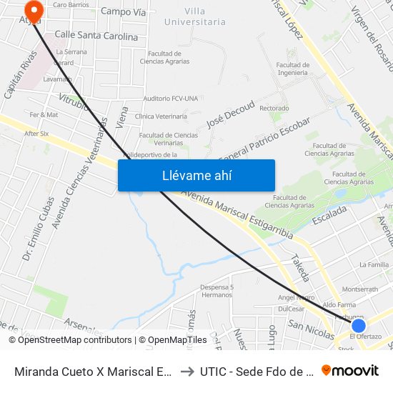 Miranda Cueto X Mariscal Estigarribia to UTIC - Sede Fdo de la Mora map