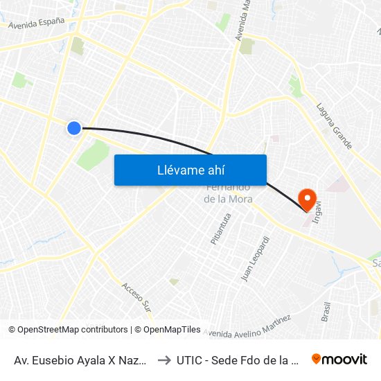 Av. Eusebio Ayala X Nazareth to UTIC - Sede Fdo de la Mora map