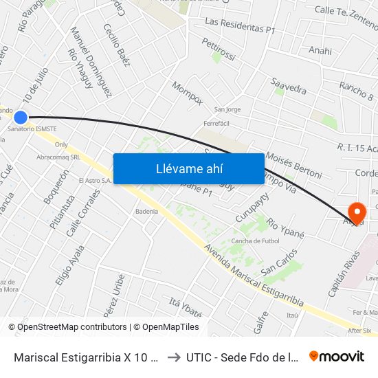 Mariscal Estigarribia X 10 De Julio to UTIC - Sede Fdo de la Mora map