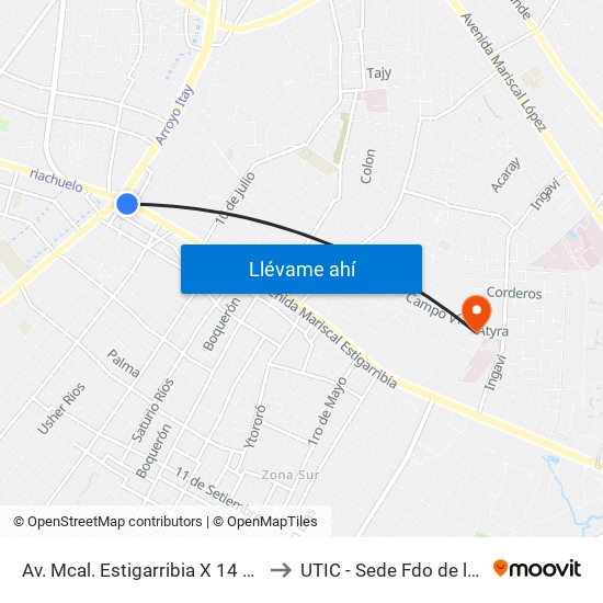 Av. Mcal. Estigarribia X 14 De Mayo to UTIC - Sede Fdo de la Mora map
