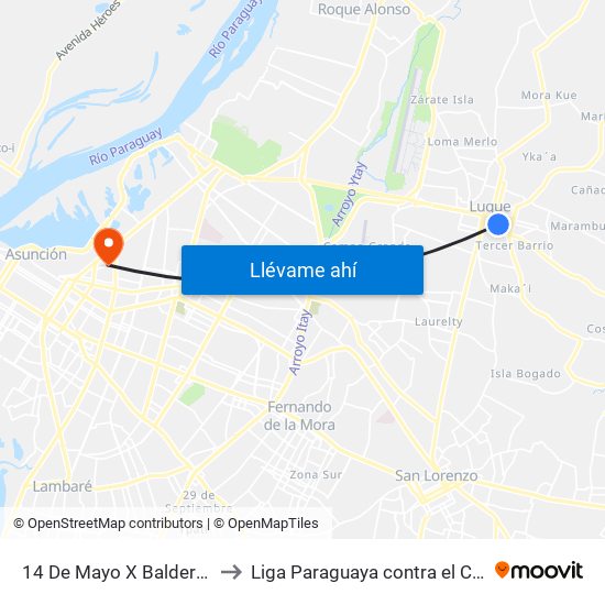 14 De Mayo X Balderrama to Liga Paraguaya contra el Cáncer map