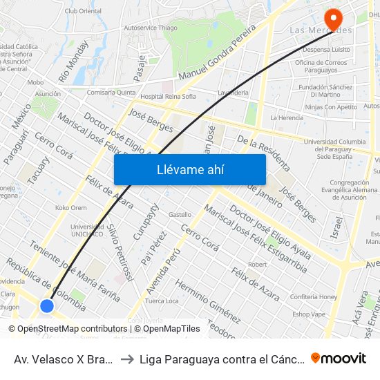 Av. Velasco X Brasil to Liga Paraguaya contra el Cáncer map