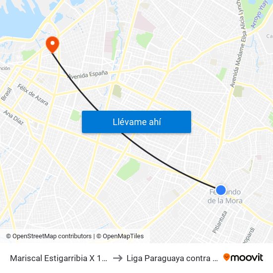 Mariscal Estigarribia X 10 De Julio to Liga Paraguaya contra el Cáncer map