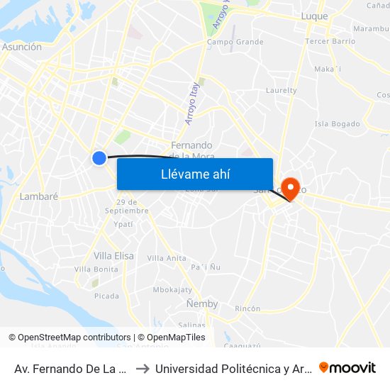 Av. Fernando De La Mora X Av. Argentina to Universidad Politécnica y Artistica del Paraguay - UPAP map