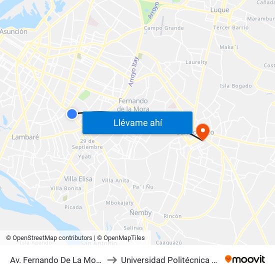 Av. Fernando De La Mora X Universitarios Del Chaco to Universidad Politécnica y Artistica del Paraguay - UPAP map