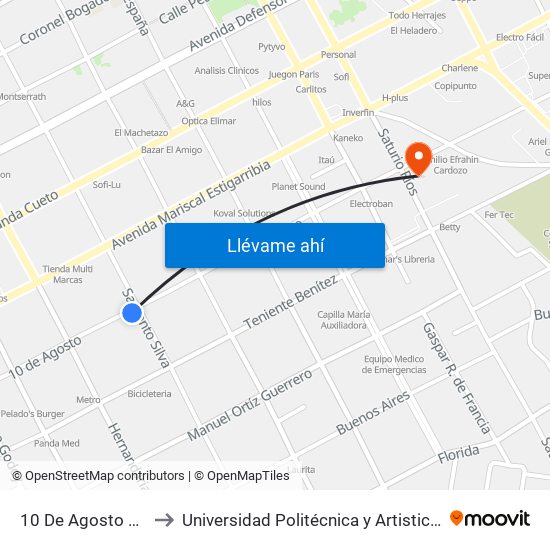 10 De Agosto X Sgto. Silva to Universidad Politécnica y Artistica del Paraguay - UPAP map