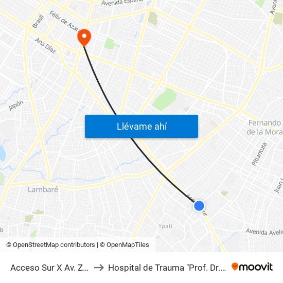 Acceso Sur X Av. Zavalas Cué to Hospital de Trauma "Prof. Dr. Manuel Giagni" map