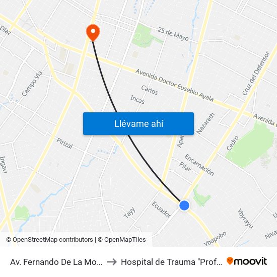 Av. Fernando De La Mora X Av. Argentina to Hospital de Trauma "Prof. Dr. Manuel Giagni" map