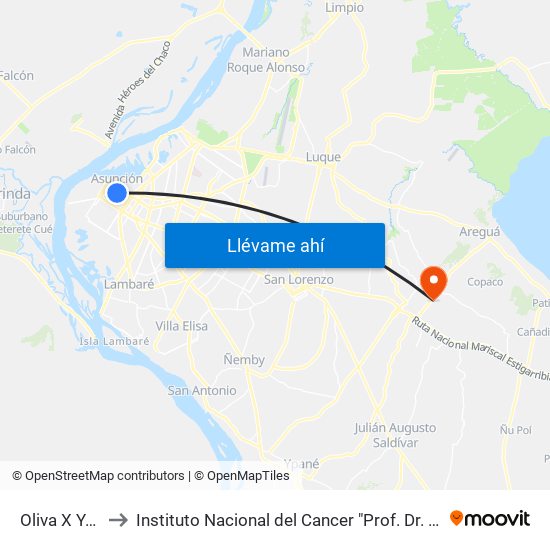 Oliva X Yegros to Instituto Nacional del Cancer "Prof. Dr. Manuel Riveros" map