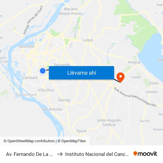 Av. Fernando De La Mora X Av. Argentina to Instituto Nacional del Cancer "Prof. Dr. Manuel Riveros" map