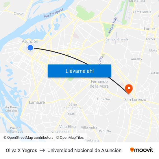 Oliva X Yegros to Universidad Nacional de Asunción map