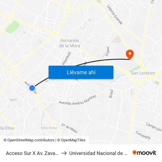 Acceso Sur X Av. Zavalas Cué to Universidad Nacional de Asunción map