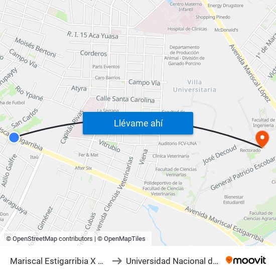 Mariscal Estigarribia X Atilio Galfre to Universidad Nacional de Asunción map