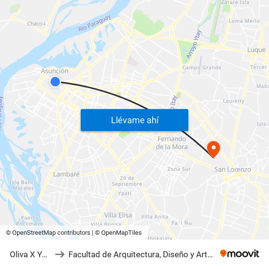 Oliva X Yegros to Facultad de Arquitectura, Diseño y Arte (FADA-UNA) map