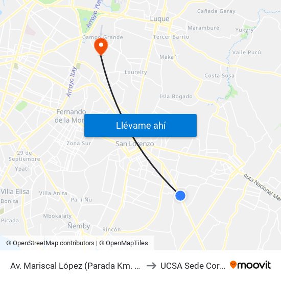 Av. Mariscal López (Parada Km. 17 (1/2)) to UCSA Sede Corralon map