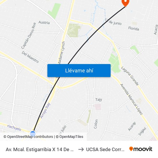 Av. Mcal. Estigarribia X 14 De Mayo to UCSA Sede Corralon map
