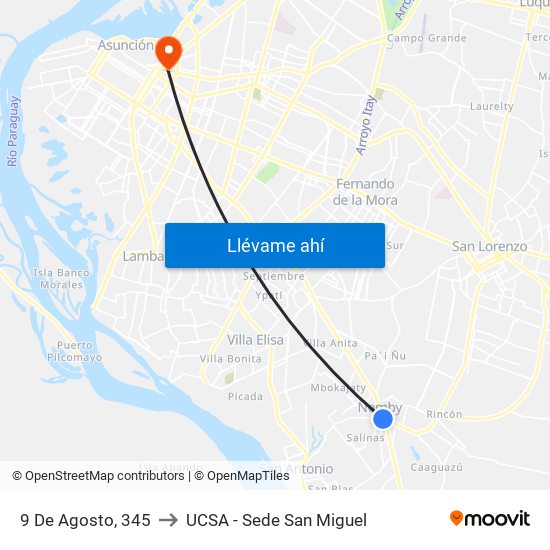 9 De Agosto, 345 to UCSA - Sede San Miguel map