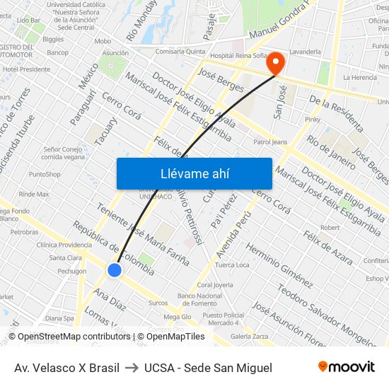 Av. Velasco X Brasil to UCSA - Sede San Miguel map
