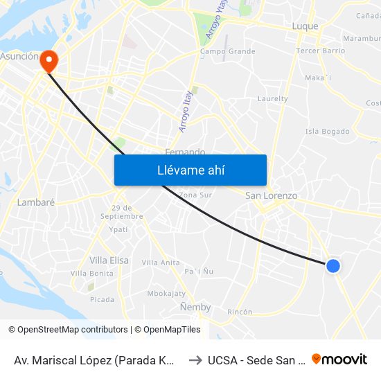 Av. Mariscal López (Parada Km. 17 (1/2)) to UCSA - Sede San Miguel map