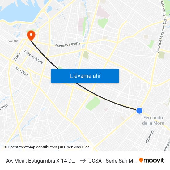 Av. Mcal. Estigarribia X 14 De Mayo to UCSA - Sede San Miguel map