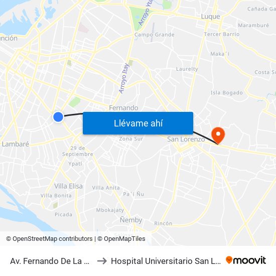 Av. Fernando De La Mora X Av. Argentina to Hospital Universitario San Lorenzo - Grupo San Roque map