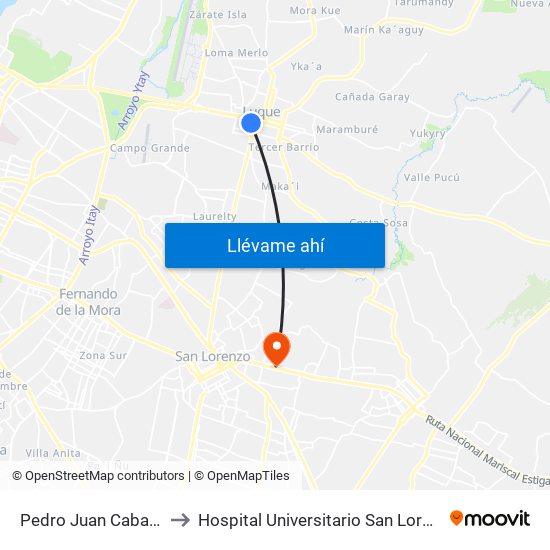 Pedro Juan Caballero X Herrera to Hospital Universitario San Lorenzo - Grupo San Roque map