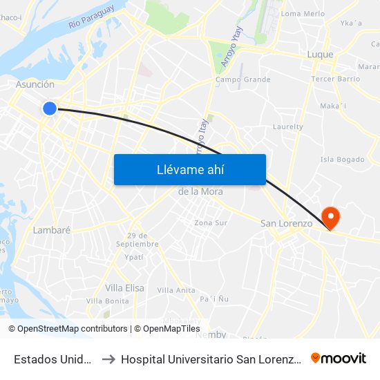Estados Unidos X Azara to Hospital Universitario San Lorenzo - Grupo San Roque map