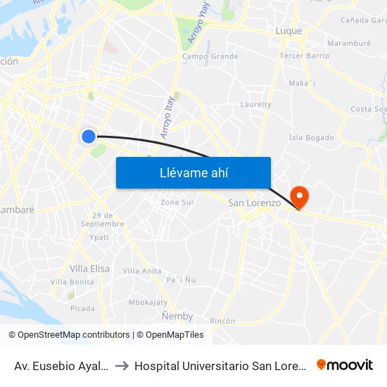 Av. Eusebio Ayala X Nazareth to Hospital Universitario San Lorenzo - Grupo San Roque map