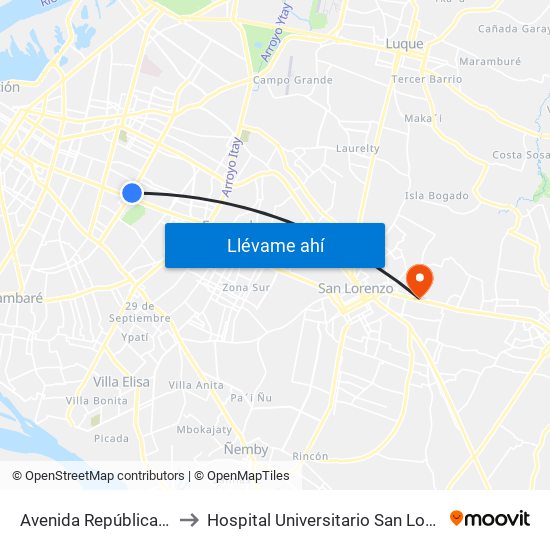 Avenida República Argentina, 1864 to Hospital Universitario San Lorenzo - Grupo San Roque map