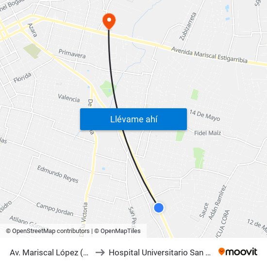 Av. Mariscal López (Parada Km. 17 (1/2)) to Hospital Universitario San Lorenzo - Grupo San Roque map