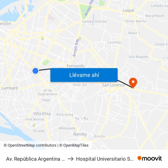 Av. República Argentina Y Av. Dr. Fernando De La Mora to Hospital Universitario San Lorenzo - Grupo San Roque map