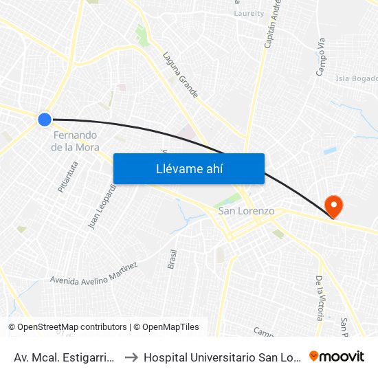 Av. Mcal. Estigarribia X 14 De Mayo to Hospital Universitario San Lorenzo - Grupo San Roque map