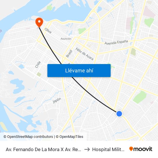 Av. Fernando De La Mora X Av. República Argentina to Hospital Militar Central map