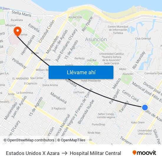 Estados Unidos X Azara to Hospital Militar Central map