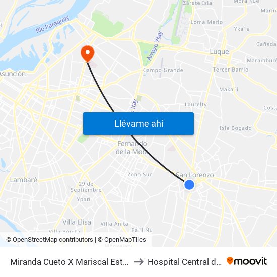 Miranda Cueto X Mariscal Estigarribia to Hospital Central del IPS map